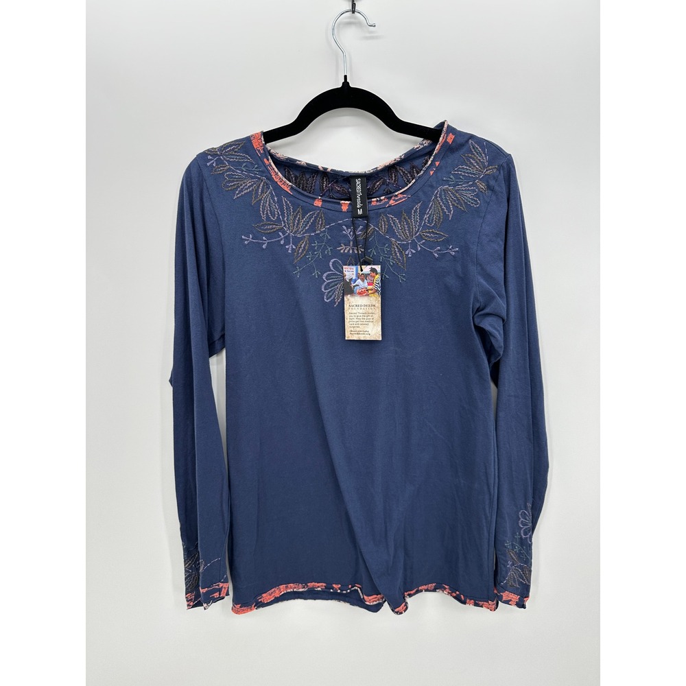 Sacred Threads Womens Blue Embroidered Cotton Long Sleeve Boho Top Sz M Indie